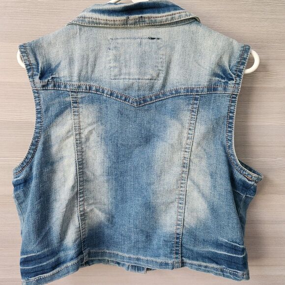 Bongo Rhinestone Pocket Vest Women XL Embellished Stretch Blue Denim Button Jean - Picture 9 of 11